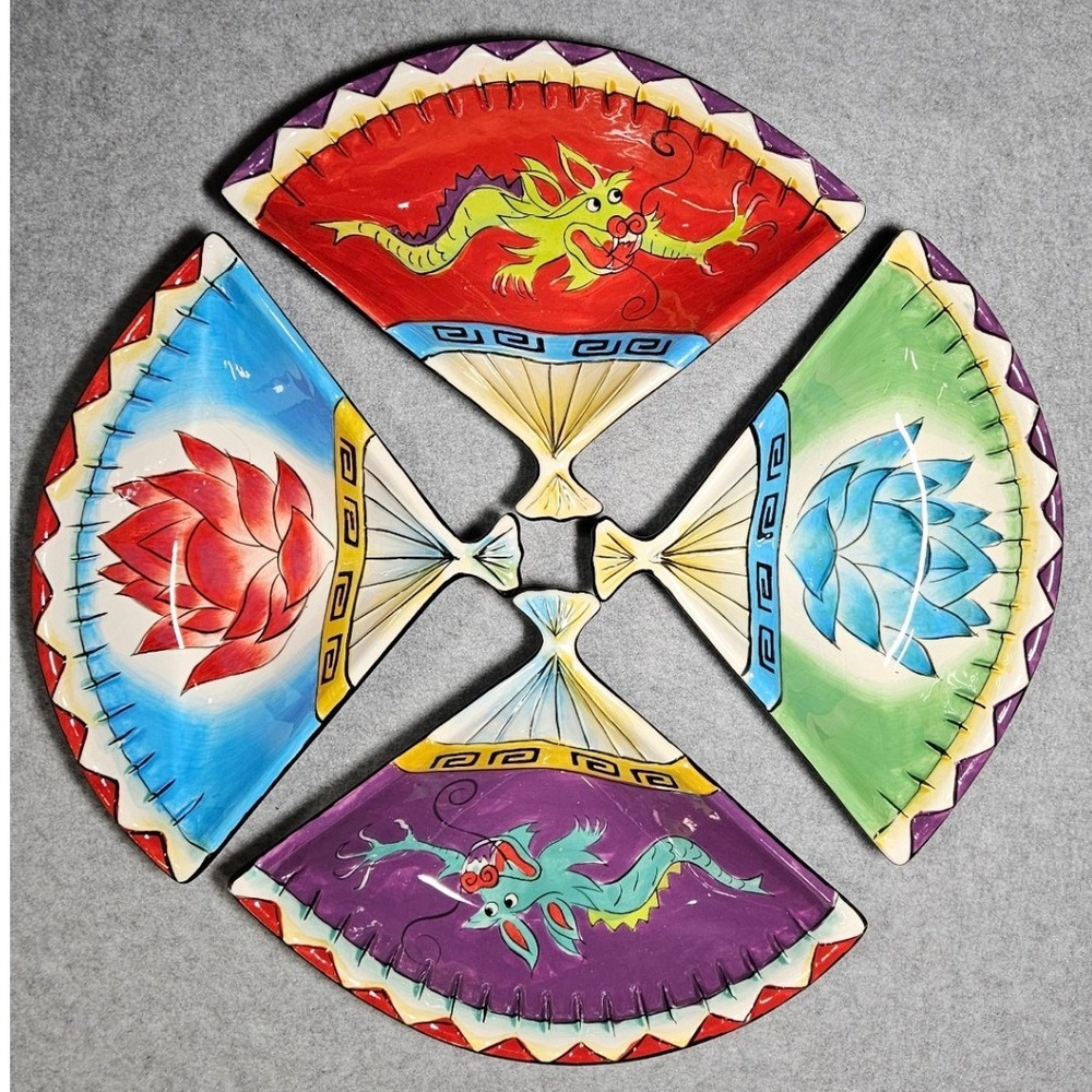 Clay Art Fan Shaped Ceramic Plates Set of 4 Dragon Lotus Asian Style Handpainted